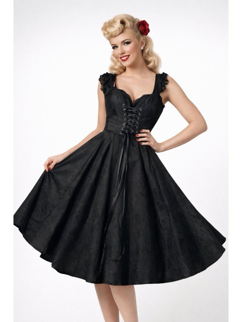Vintage-Inspired Black Lace-Up Fit & Flare Dress